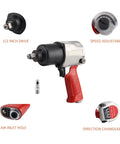 Heavy Duty Twin Hammer Air Impact Wrench Serving Six Eighty Newton Meters Of Serious Nutcracker Torque and a 1/2 inch square drive with adjustable speed settings.