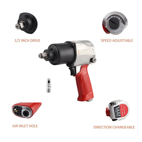 Heavy Duty Twin Hammer Air Impact Wrench Serving Six Eighty Newton Meters Of Serious Nutcracker Torque and a 1/2 inch square drive with adjustable speed settings.