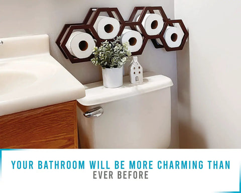 Honeycomb Floating Toilet Paper Holder And Wall Mounted Shelf In Dark Brown Paulownia Wood above toilet with decor items
