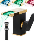 Lit Waterfall Style LED Bathroom Faucet in Black and Gold, 3 Color Changing Spout, Single Handle Lavatory Sink Faucet image