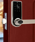 Slick Keyless Smart Door Lock 3 In 1 Password RFID Card And Tag Access With Hidden Keyhole Digital Touchscreen on wood door