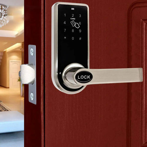 Slick Keyless Smart Door Lock 3 In 1 Password RFID Card And Tag Access With Hidden Keyhole Digital Touchscreen on wood door