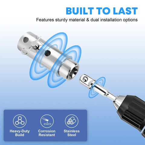 Heavy Duty Stainless Steel Trailer Jack Drill Adapter for One Inch Drive Shafts, corrosion-resistant, dual installation options.