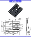 Illustration showing the T Shaped Corner Rotating Hinge Zinc Alloy for electrical cabinets with detailed dimensions and design.