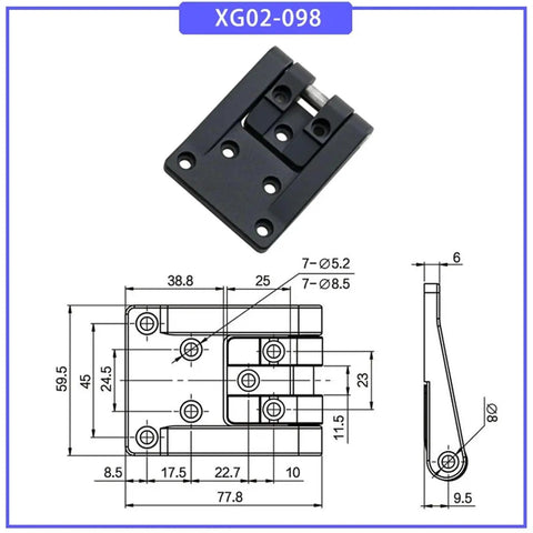 Illustration showing the T Shaped Corner Rotating Hinge Zinc Alloy for electrical cabinets with detailed dimensions and design.