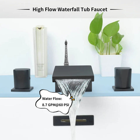 Waterfall Roman Tub Faucet Deck Mount With 3 Holes 2 Handles And Tub Filler High Flow Chrome Finish Solid Brass Construction
