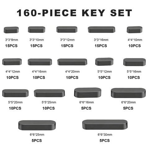 Heavy Duty 160 Piece Woodruff Assortment Set 16 Sizes 3mm 4mm 5mm 6mm Carbon Steel Round Ended Shaft Keys Industrial Mechanical Assembly Car Parts Hardware Grade Stock Garage Shop Use Now displayed with size labels