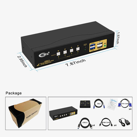 No Sweat Kvm Switch Dual Monitor Hdmi 4k 60hz Plus Vga Handles Four Computers Two Screens With Usb 3.0 Hub, front view with dimensions.