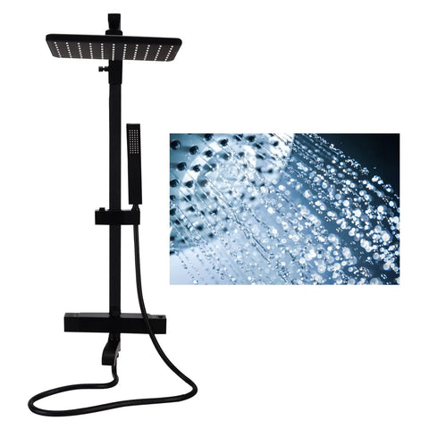 SASKATE Shower System with Thermostatic Mixer, High Pressure Rain Shower, sleek black design with overhead rain shower head.