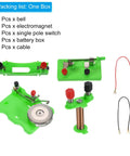 Hands On Magnetism Lab Kit With Electric Bell Induction Circuit Electromagnet Switch And Battery Box Educational Physics Experiment Set components displayed in one box, including a bell, electromagnet, switch, battery boxes, and cables.