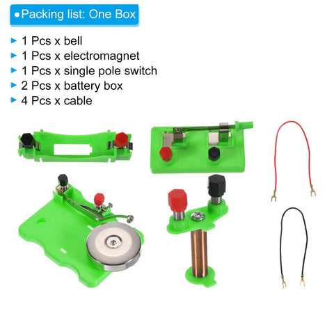 Hands On Magnetism Lab Kit With Electric Bell Induction Circuit Electromagnet Switch And Battery Box Educational Physics Experiment Set components displayed in one box, including a bell, electromagnet, switch, battery boxes, and cables.