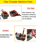 Heavy Duty Electric Pipe Threader Machine With 750W Motor For 1/2 To 2 Inch NPT Threading parts, including die head and scraper.
