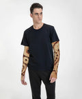 Chill Mode Arm Sleeves With Thumb Holes Upf 50 Sun Shield worn by a young man, showcasing unique printed design and compression fit.