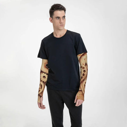 Chill Mode Arm Sleeves With Thumb Holes Upf 50 Sun Shield worn by a young man, showcasing unique printed design and compression fit.