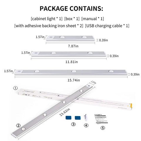 Package contents of Under Cabinet LED Lights With Motion Sensor USB Rechargeable Closet Light 3 Modes including light and accessories.