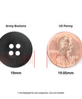 Rock Solid Military Spec Tactical Buttons For Army Fatigues And Law Enforcement Four Hole Melamine Fasteners Style 26 Black shown with US penny for size comparison.
