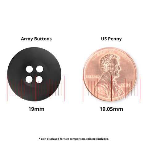 Rock Solid Military Spec Tactical Buttons For Army Fatigues And Law Enforcement Four Hole Melamine Fasteners Style 26 Black shown with US penny for size comparison.