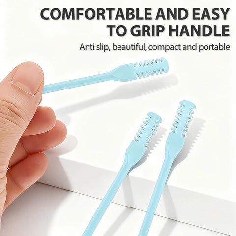 Hand holding blue silicone brush of 2-In-1 Nasal Hair Cutter With Double Sided Nose Hair Knife, ergonomic grip, and soft cleaning brush.