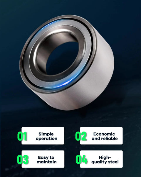 Close-up of a high-quality steel wheel hub and bearing assembly, showcasing features of easy maintenance and simple operation.