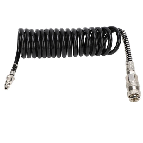Heavy Duty Rubber Inflator Extension Hose With Bend Limiter For Air Compressors coiled design with steel fittings for flexibility.