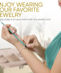 Woman using Metal Bracelet Clasp Helper Tool With Hook For Fast And Easy Jewelry Clasping For Bracelets Necklaces And Watches Teal Finish.
