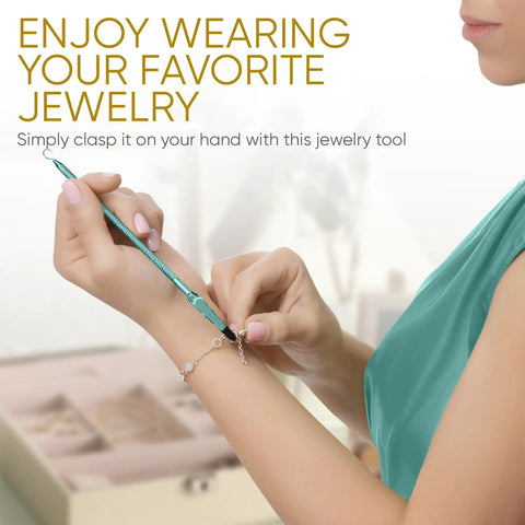 Woman using Metal Bracelet Clasp Helper Tool With Hook For Fast And Easy Jewelry Clasping For Bracelets Necklaces And Watches Teal Finish.