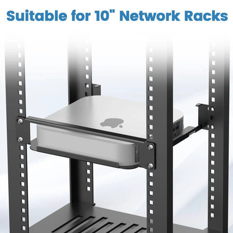 Slick 1U Rack Mount Bracket For Mac Mini M1 And M2 Models secured inside a standard 10 inch network rack.