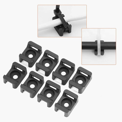 100 Pack Cable Tie Mounts With M5 Screw Holes, flat surface wire tie bases, 23x16x9 mm cord holders in use and display