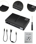 Portable Mini UPS Backup Power Supply For Routers And Wifi Modems 5V 9V 12V Outputs with manual and connectors on white background.