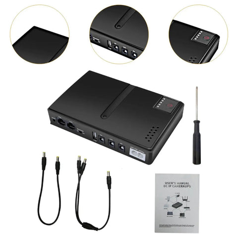Portable Mini UPS Backup Power Supply For Routers And Wifi Modems 5V 9V 12V Outputs with manual and connectors on white background.