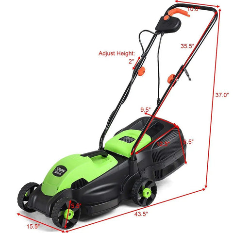 13 Inch Corded 2-In-1 Electric Lawn Mower with grass bag, folding handle, adjustable cutting height, 12 Amp motor, side view