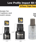 Nine Piece Low Profile Impact Triple Square Bit Socket Set With Steel Storage Rail For Tight Spaces And Built Tough For Real World Jobs image showing size comparison and drive sizes of M8, MT14, and MT18 bits with stubby design for tight spaces.