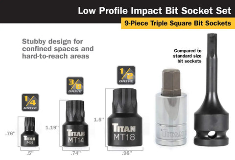 Nine Piece Low Profile Impact Triple Square Bit Socket Set With Steel Storage Rail For Tight Spaces And Built Tough For Real World Jobs image showing size comparison and drive sizes of M8, MT14, and MT18 bits with stubby design for tight spaces.