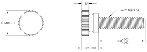 Technical drawing of 1/4-20 Thread Nylon Thumb Screws, 1 Inch Long, Black, 10 Pack for easy grip and quick hand tightening in use.