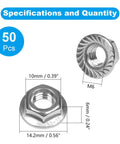 Stainless Steel 304 Serrated Flange Hex Nuts Kit M6 X 1mm Full Thread 50 Pcs with dimensions and serrated flange detail