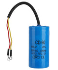 Heavy Duty Cd60 Operating Capacitor 250V Ac for AC and motors, blue cylindrical capacitor with exposed wires.