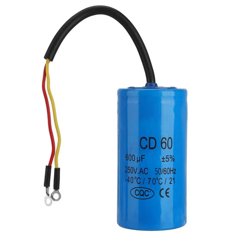 Heavy Duty Cd60 Operating Capacitor 250V Ac for AC and motors, blue cylindrical capacitor with exposed wires.