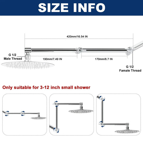 Adjustable Shower Arm Extension 16 Inch Chrome For Ultimate Shower Upgrade With Universal Connection Fits Any Shower Head