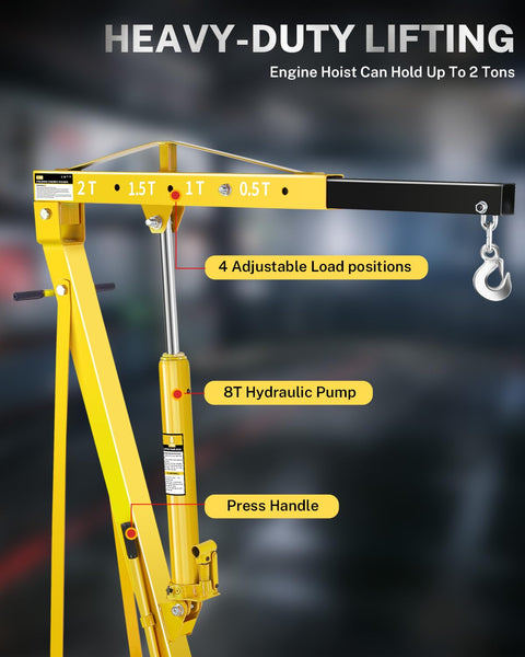 Detailed view of Heavy Duty 2 Ton Hydraulic Engine Hoist Crane with 4 adjustable load positions for effective lifting.