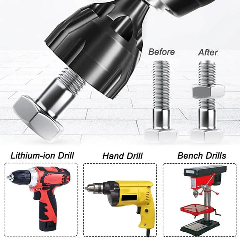 Heavy Duty External Chamfer Deburring Tool With Three Razor Sharp Tungsten Carbide Blades and Quick Change Hex Shank being used on bolts.