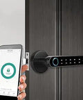 Smart Fingerprint Door Lock With Handle And Bluetooth App, Keyless Entry Electronic Keypad shown with mobile phone app