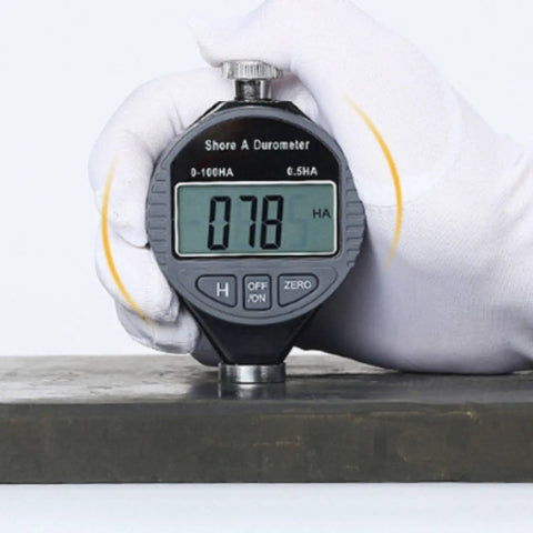 Pro Grade Digital Durometer And Shore A Hardness Tester Designed For Fast Bench Reads With A Sharp High Contrast Display serving 78 HA measurement on rubber.