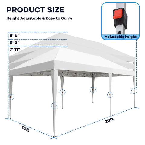 Ten By Twenty Foot Pop Up Canopy Without Sidewall Waterproof Outdoor Shade Tent With Carry Bag For Party Ready Camping Backyard Events Patio White All Season Weatherproof, 10x20 ft dimensions, adjustable height, close-up