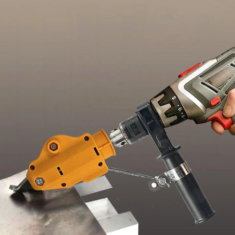 Heavy Duty Metal Shears Drill Attachment Cut Iron Aluminum Steel Copper S60 Tool With ABS Shield attached to a cordless drill.