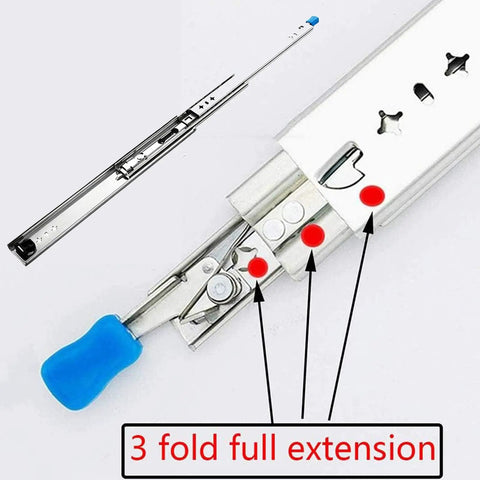 Full Extension Drawer Slides Beefy Heavy Duty Locking Runners With Side Mount Rails, 3 fold extension, blue handle detail