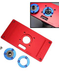 Premium Aluminum Router Table Insert Plate With Precision Center Bushing showing red plate, blue bushings, and screws for woodworking.
