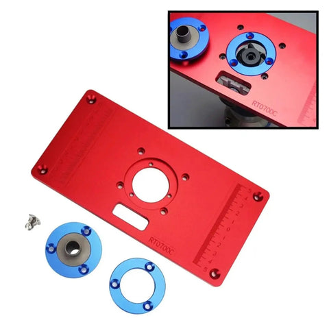 Premium Aluminum Router Table Insert Plate With Precision Center Bushing showing red plate, blue bushings, and screws for woodworking.