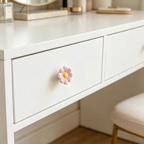 6 Pieces Ceramic Daisy Drawer Knobs Set For Nursery And Kids Room Cute Cabinet Pulls on white dresser