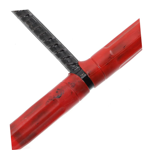Heavy Duty Multi Function Manhole Cover Lifter With Thick T Shaped Handle, close up of black steel handle and red grip.
