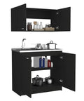 Modern Two Piece Storage Cabinet Rustic Style Cupboard Crafted From Heavy Duty Engineered Wood For Kitchen Hallway Or Closet Organization Keeps Your Gear Tidy Super Slick Black Finish with open doors showing organized dishes.